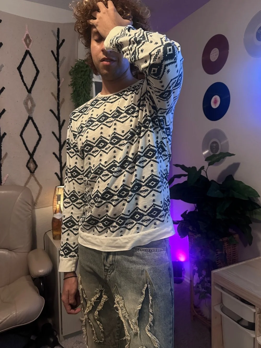21men Cream and Dark Blue Aztec Crewneck Sweater - Picture 7 of 13